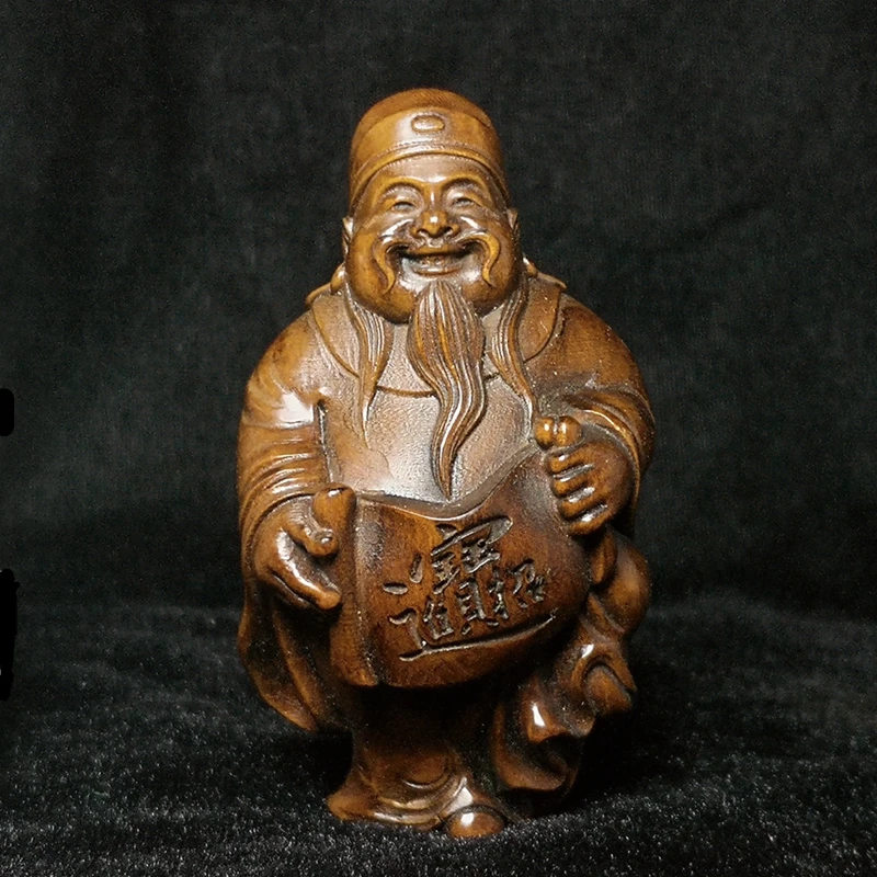 

YIZHU CULTUER ART Size 3 inch Old Japanese boxwood hand carved god of wealth Buddha statue table decoration collection Gift