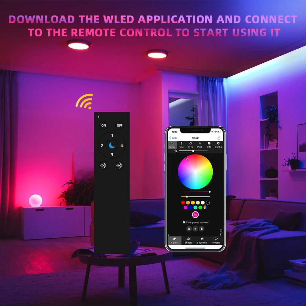 DOMRAEM WLED WiFi Remote - ESP-NOW 30M Range, Low-Power, 4-Scene Memory, App-Free RGB IC Control for Addressable Strips Control