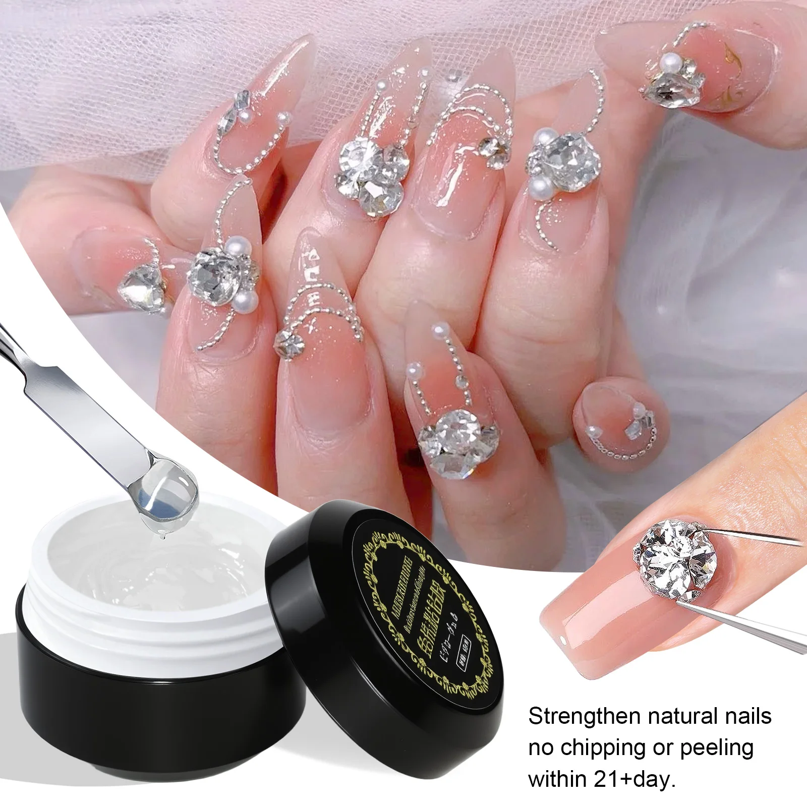 3In1 Rhinestones กาวเจล No Wipe Top Coat Nail Art Soak Off UV GEL เคลือบเงา 3D Chrome Design เพชรโปร่งใสกาวเจล