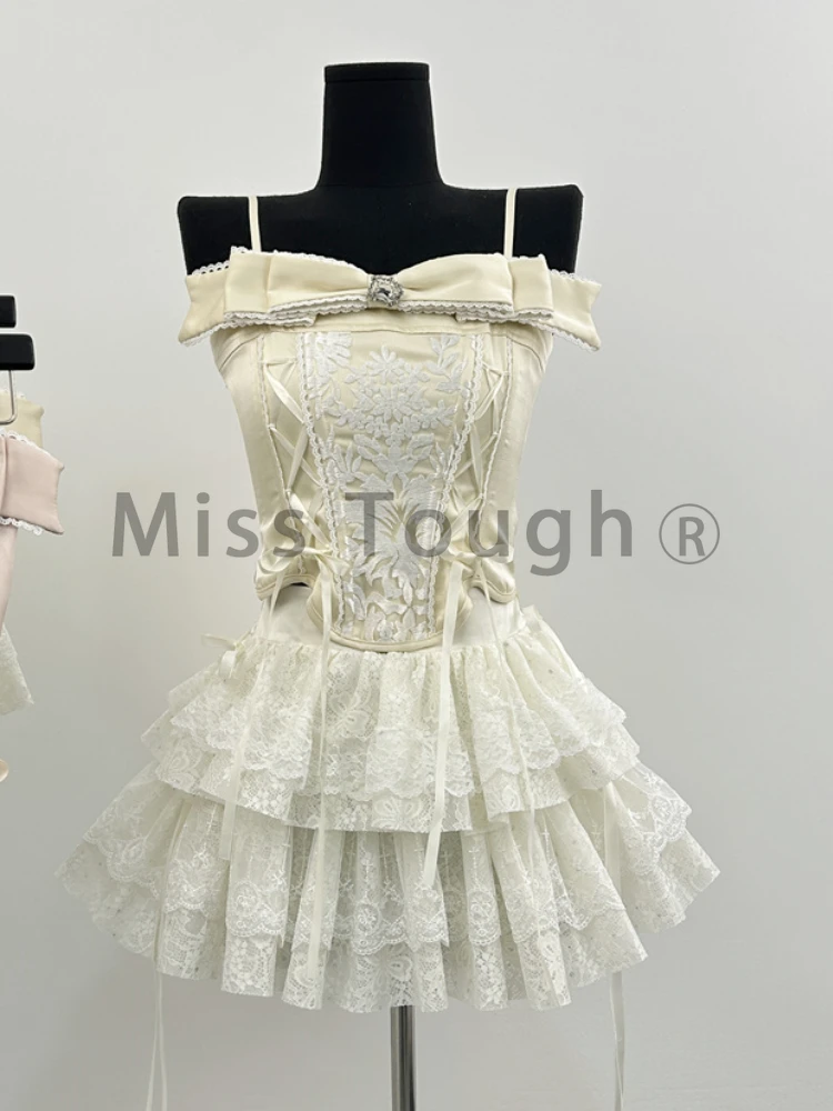 Summer Princess Elegant Mini Skirt Suit Women French Fashion Casual Y2k Lolita 2 Piece Set Female Lace Solid Bow Kawaii Set 2024