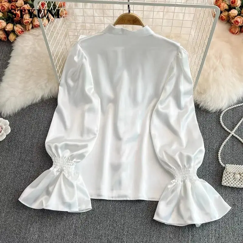 Flare Sleeve French Vintage Chic Acetate Soft Smooth Women's Blouse Shirt Stand Collar Loose Female Blouses Tops 2023 Summer