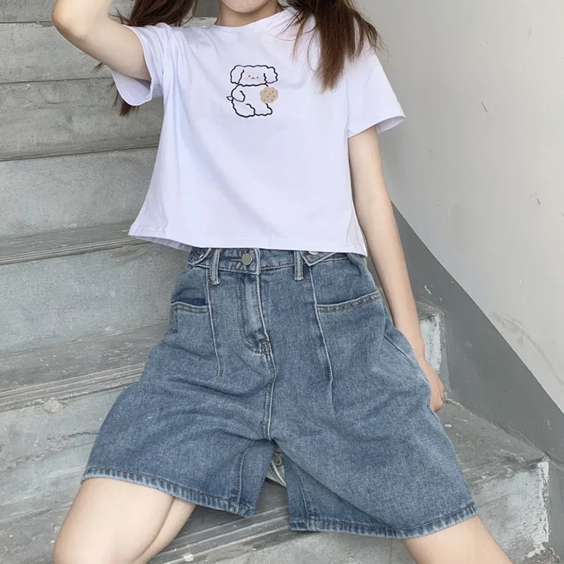 High Waist Denim Shorts Women Baggy A-line Loose All-match Teen Girls Wide Leg Trousers Female Zipper-fly Chic Casual Retro New