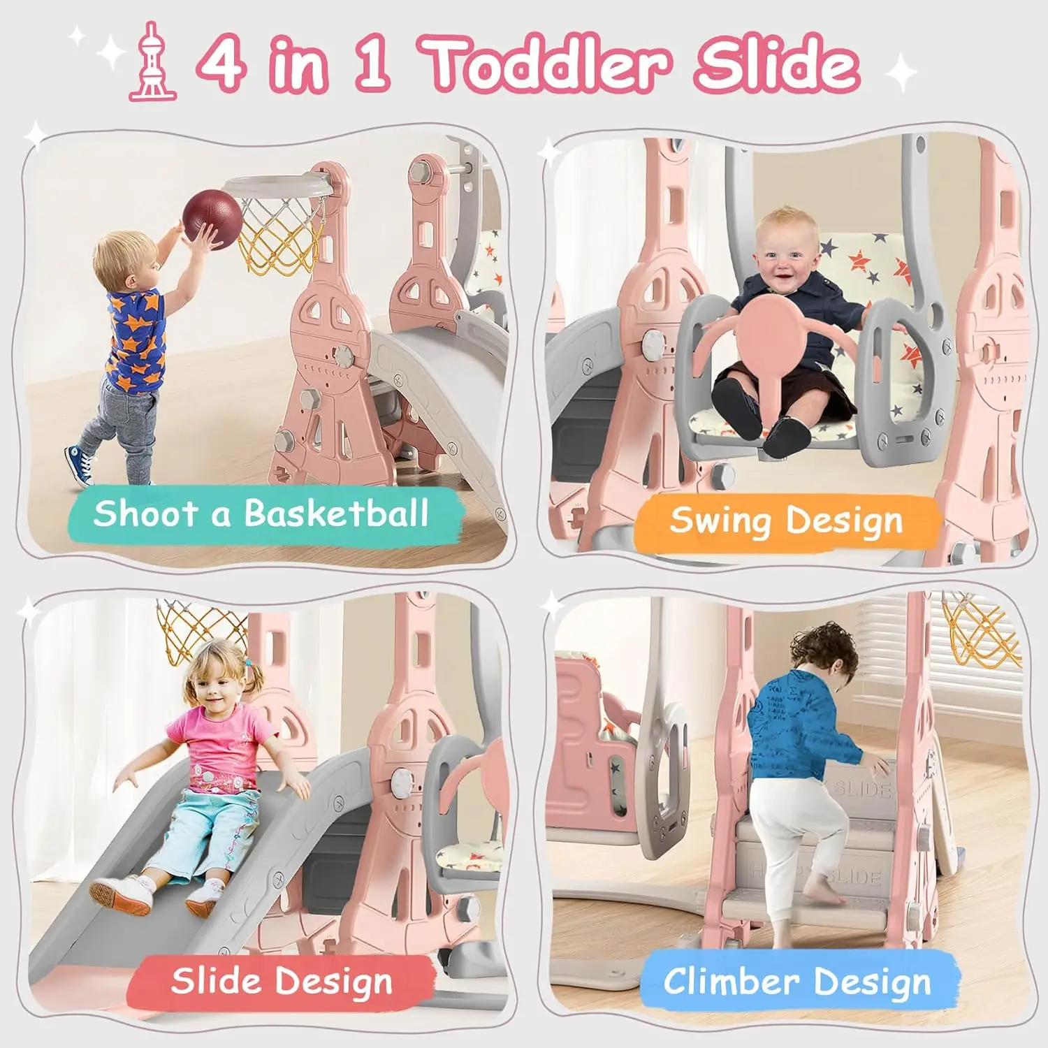 Toddler Slide and Swing Set, Kid  for Toddlers Age 1-2, Baby  with Basketball Hoop, Indoor Outdoor Toddle