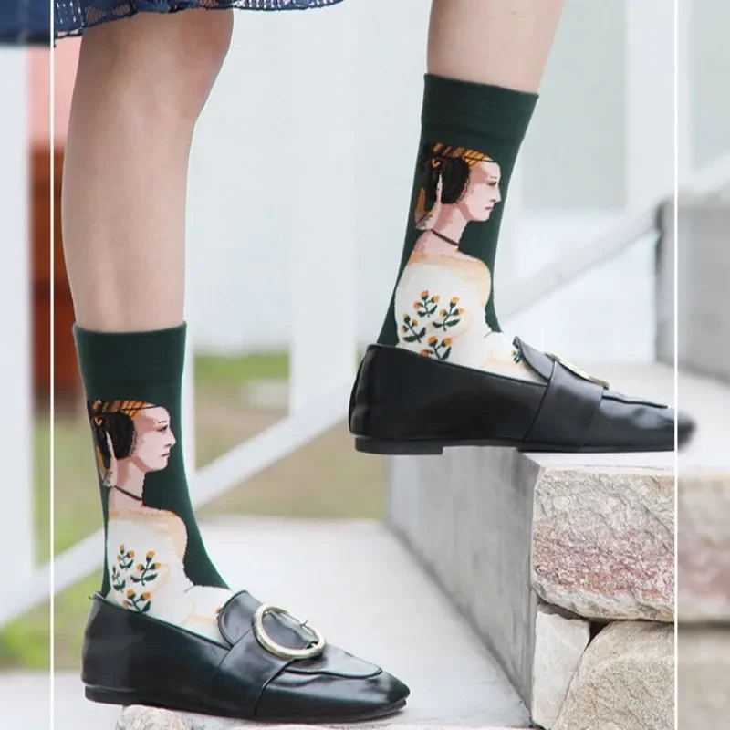 Retro Oil Painting Pile Up Socks Women Spring and Autumn Style Couple Middle Tube Socks Korean Version Cotton Socks calcetines