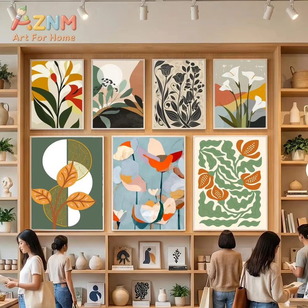 

1 шт. Абстрактная картина в стиле бохо с цветочным узором в оттенках бирюзы и горчицы, постер на холсте, мультяшное настенное искусство, декор для спальни и дома