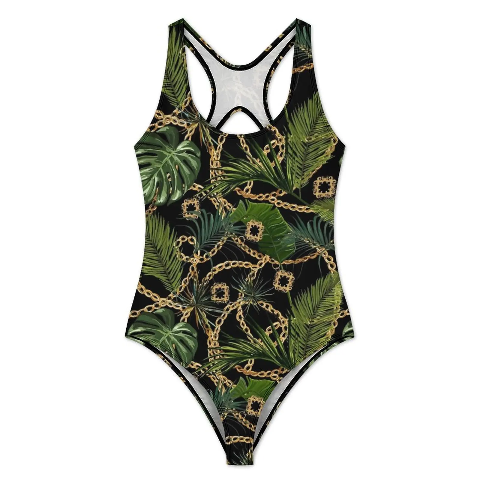 Chain Print Swimsuit Tropical Leaves One Piece Swimwear Push Up Novelty Bathing Suit Sexy Holiday Rave Pattern Beach Wear