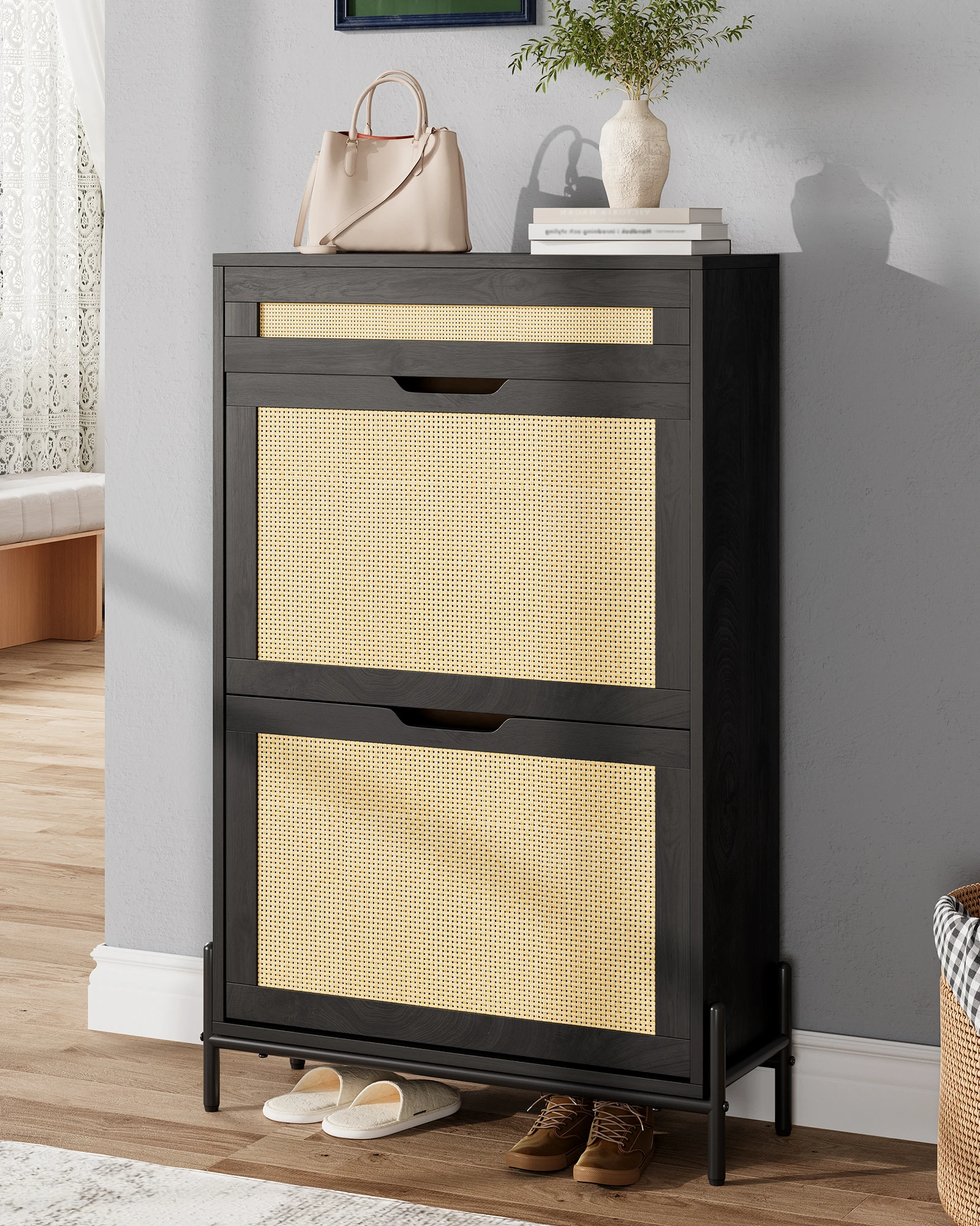 Rattan Shoe Cabinet Storage with 2 Flip Drawers & Top Drawer, Freestanding Shoe Organizer Wooden Slim Shoe Rack Storage with Adjustable Shelves for Entry, Hallway, Porches