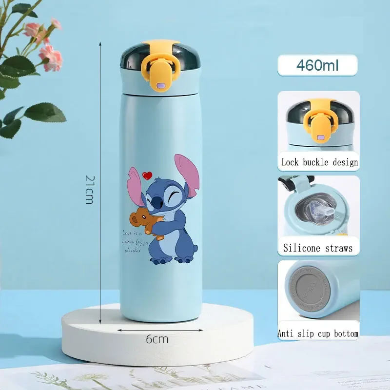 Stitch 460ml Children's Straw Cup Disney Thermal Cup Portable Outdoor Bouncing Sports Water Cup Drinking Stainless Steel Bottle