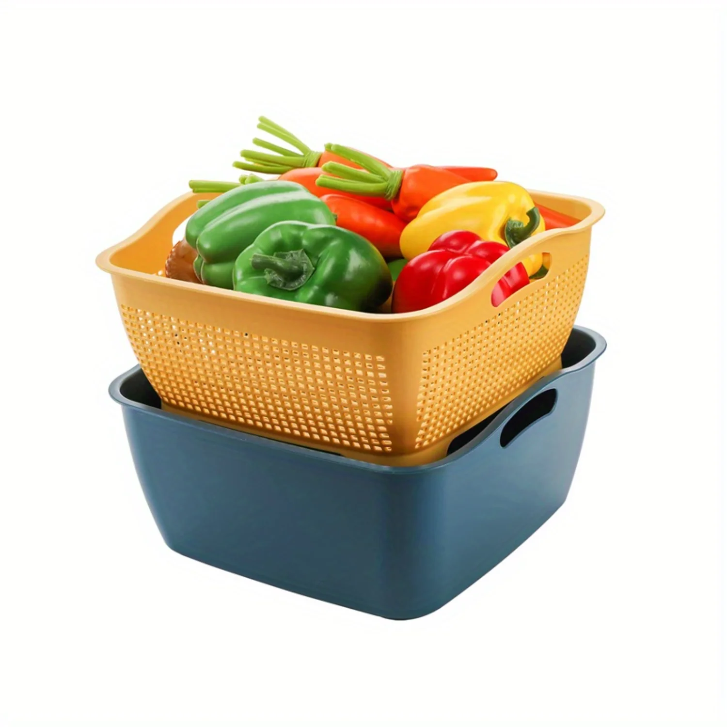 1 Set,  Double-Layer Plastic Colander Basket - Large Capacity Vegetable Washing, Fruit Strainer, and Kitchen Sink Drainer - Reus