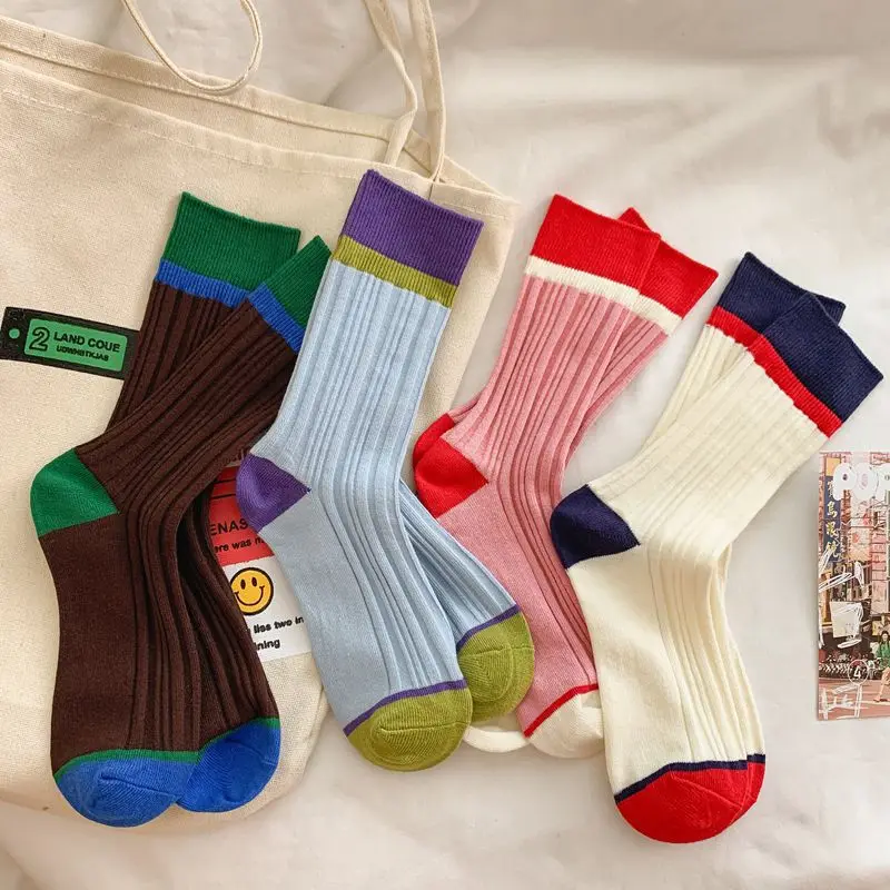 

Korean Style Colorful Harajuku Women Socks Girls Vintage Socks Knitting Cotton Japanese Fashion Striped Girls Elastic Long Socks