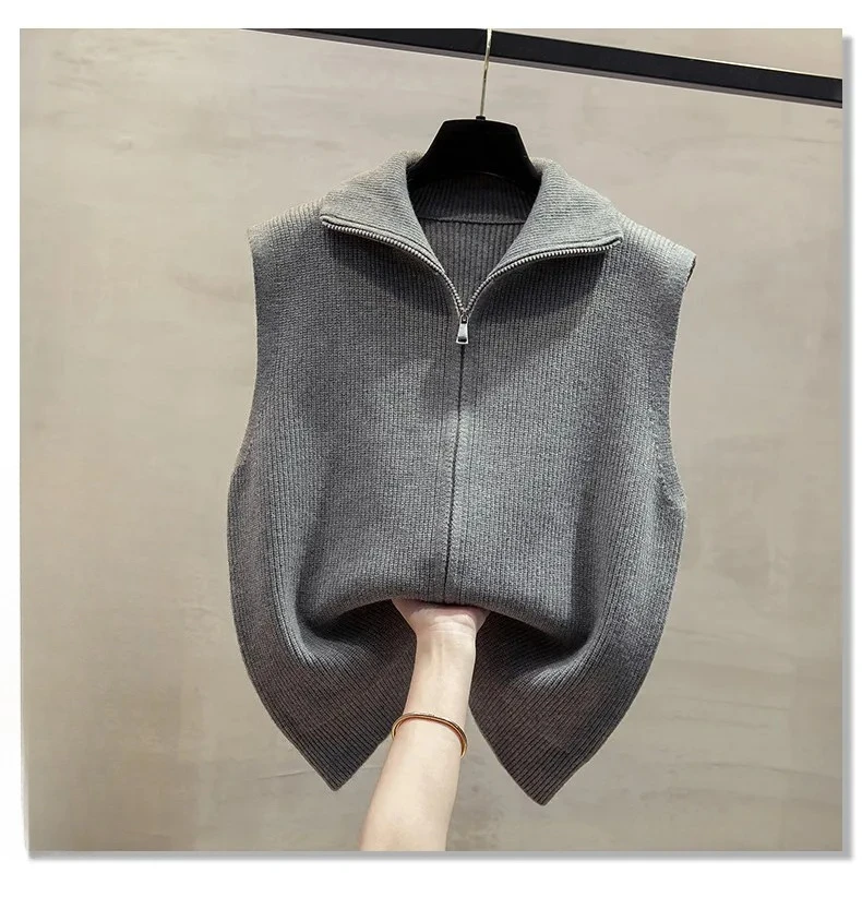 

Solid Waistcoat Outer Wear Vest Top Double Zipper Women Knitted Sweater Vest Spring Autumn Stand Collar Sleeveless Sweater Vest