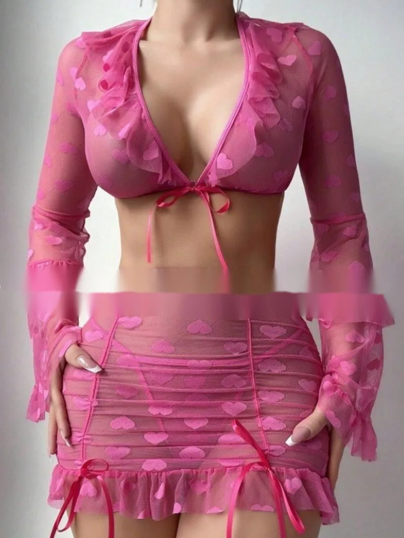 

Sexy Heart Print Mesh Transparent Skirt Sets Women's Camisole Lace Trim Sleepwear Skirt Sets Deep V Long Sleevess Charming 98U6