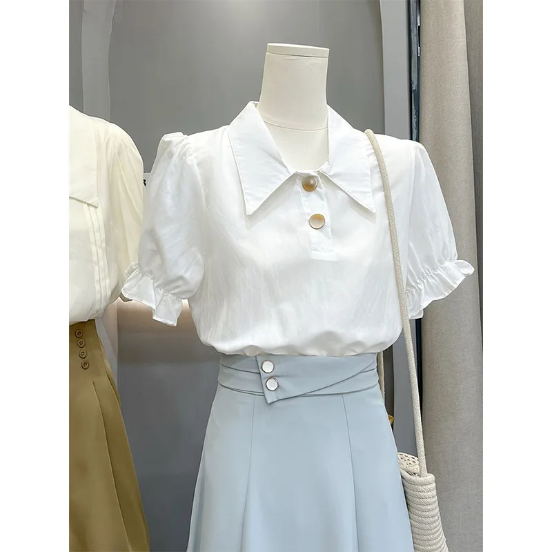 

Women Clothing Summer Fashion Casual Button Solid Color Polo Collar Women Shirts Simplicity All-match Appear Thin Puff Sleeve To