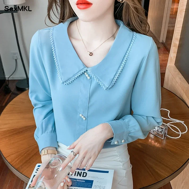 Casual Chiffon Shirts Women 2024 Elegant Korean Fashion Clothes Blusas Mujer Long Sleeve Office White Purple Ladies Tops Blouses