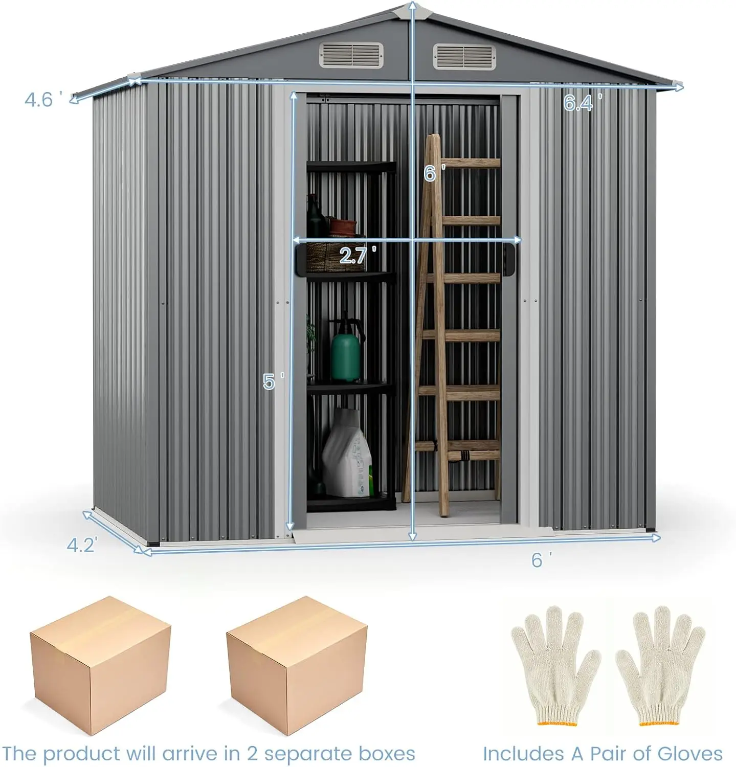 6' x 4' Outdoor Storage Shed, Weather-Resistant Galvanized Metal Tool House w/ 4 Air Vents, Lockable Sliding Doors, Ramp, Gloves