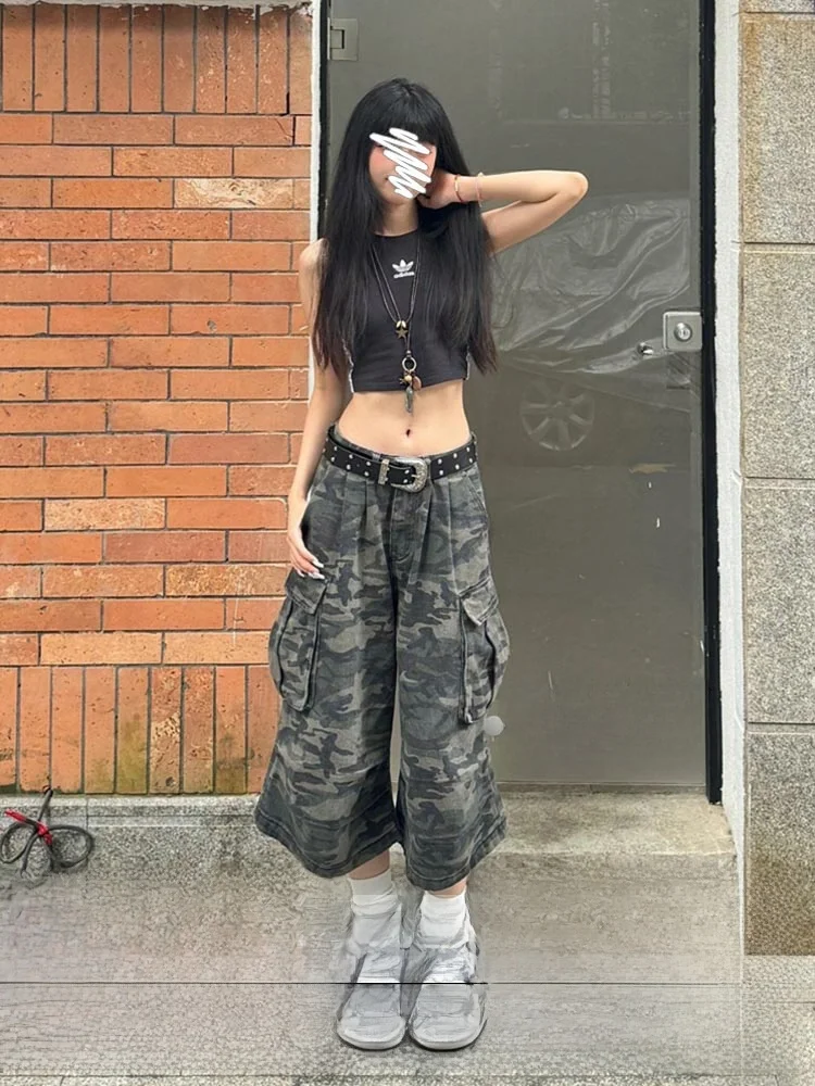 

Свободные джинсы-клеш в американском стиле с камуфляжным принтом, женские, осенне-зимние, модные, широкие брюки для женщин