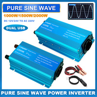 1000W/1500W/2200W DC 12V/24V to AC 220V  Power Inverter Pure Sine Wave Car Voltage Converter Dual USB Charge 50Hz/60Hz Adapter