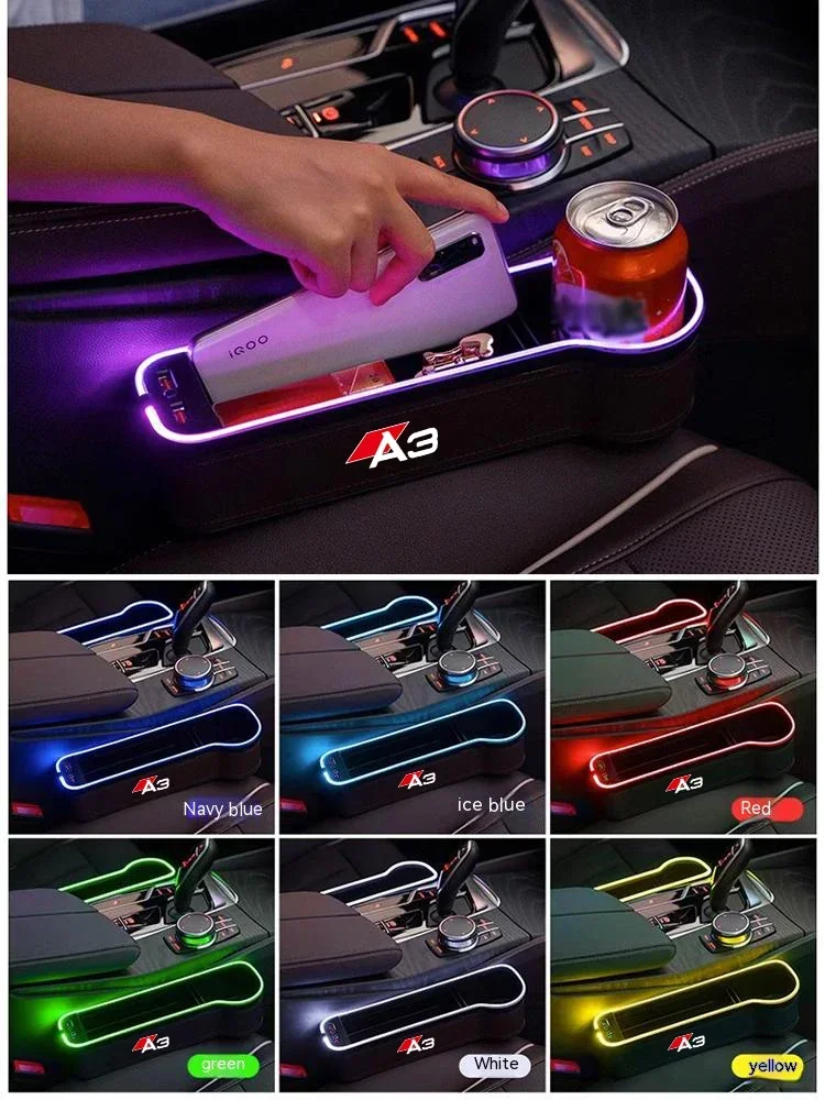 For Audi A3 Gm Car 7 Color Seat Storage Box with Atmosphere Light Car Seat Cleaning Organizer Seat USB Charging Auto Attachment