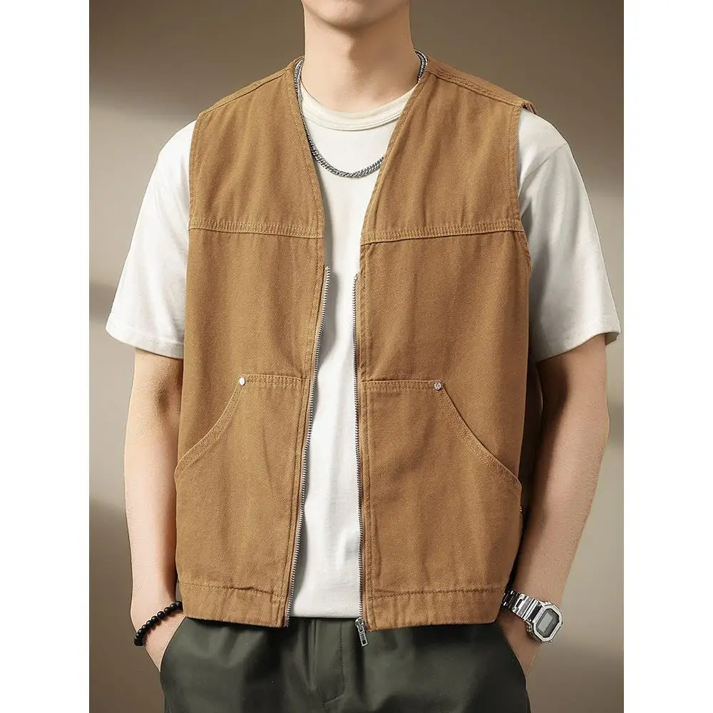 

High-End Vintage Men's Vest Spring Fashion Loose Sleeveless Fishing Vest Heavyweight Casual American Style Pure Color Zipper