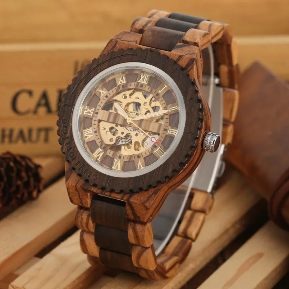 NEW  Luxury Mens Watches Round Automatic Watch for Men Fashion Wood Clock Adjustable Wooden Bracelet Mechanical Wristwatch