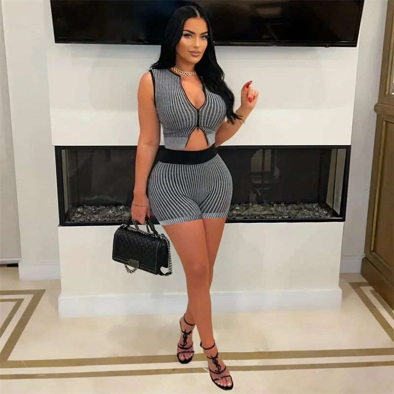 

Summer Striped Knit Two Piece Set Women Casual Outfits Sporty Fitness Double Zipper Sleeveless Top and Shorts Club Matching Sets