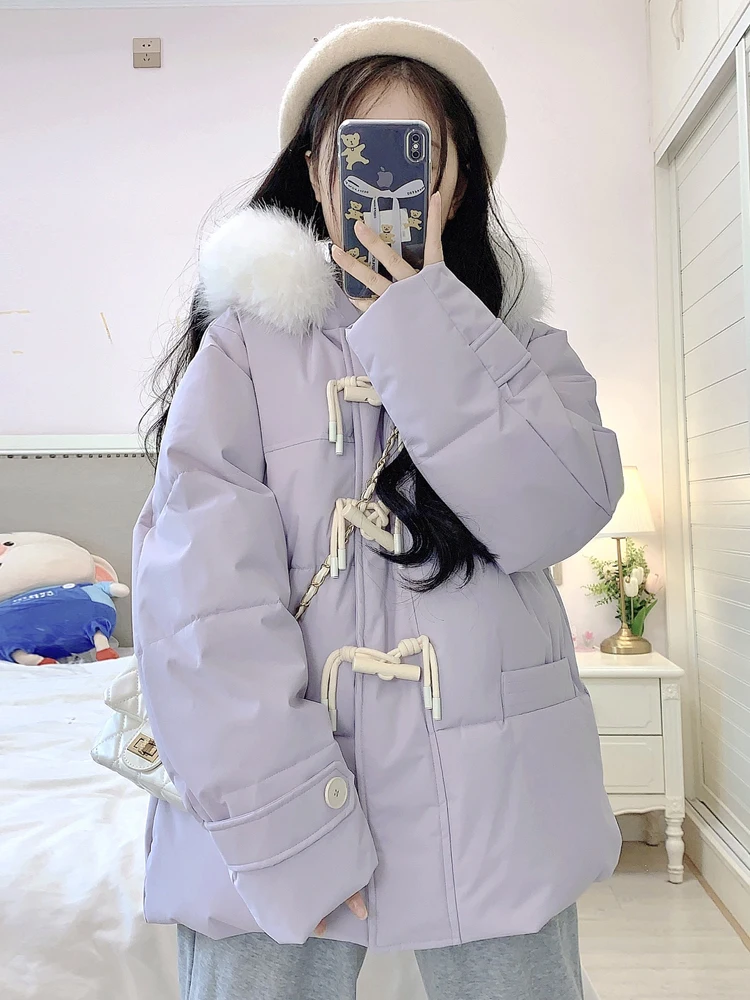 Chaqueta de Plumón para Mujer, Invierno 2025, Nueva, Talla Pequeña, Sensación de Alta Gama, Cuello de Piel, Abrigo Cálido con Botones, Estilo Dulce y Cálido