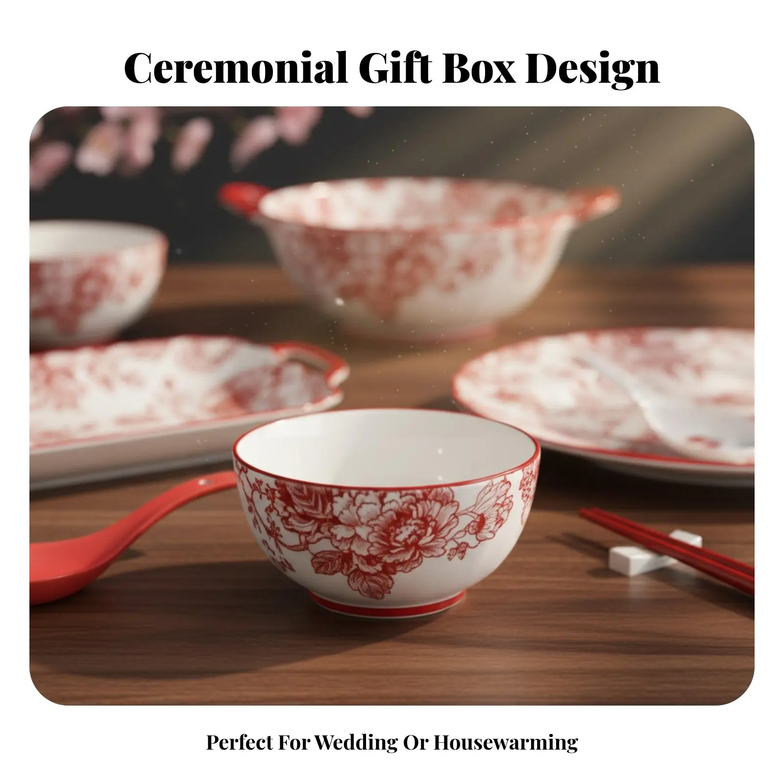 

Набор посуды для молодоженов, фарфоровые тарелки и миски с цветочным узором, красная посуда, подарочная коробка для свадьбы, новоселья