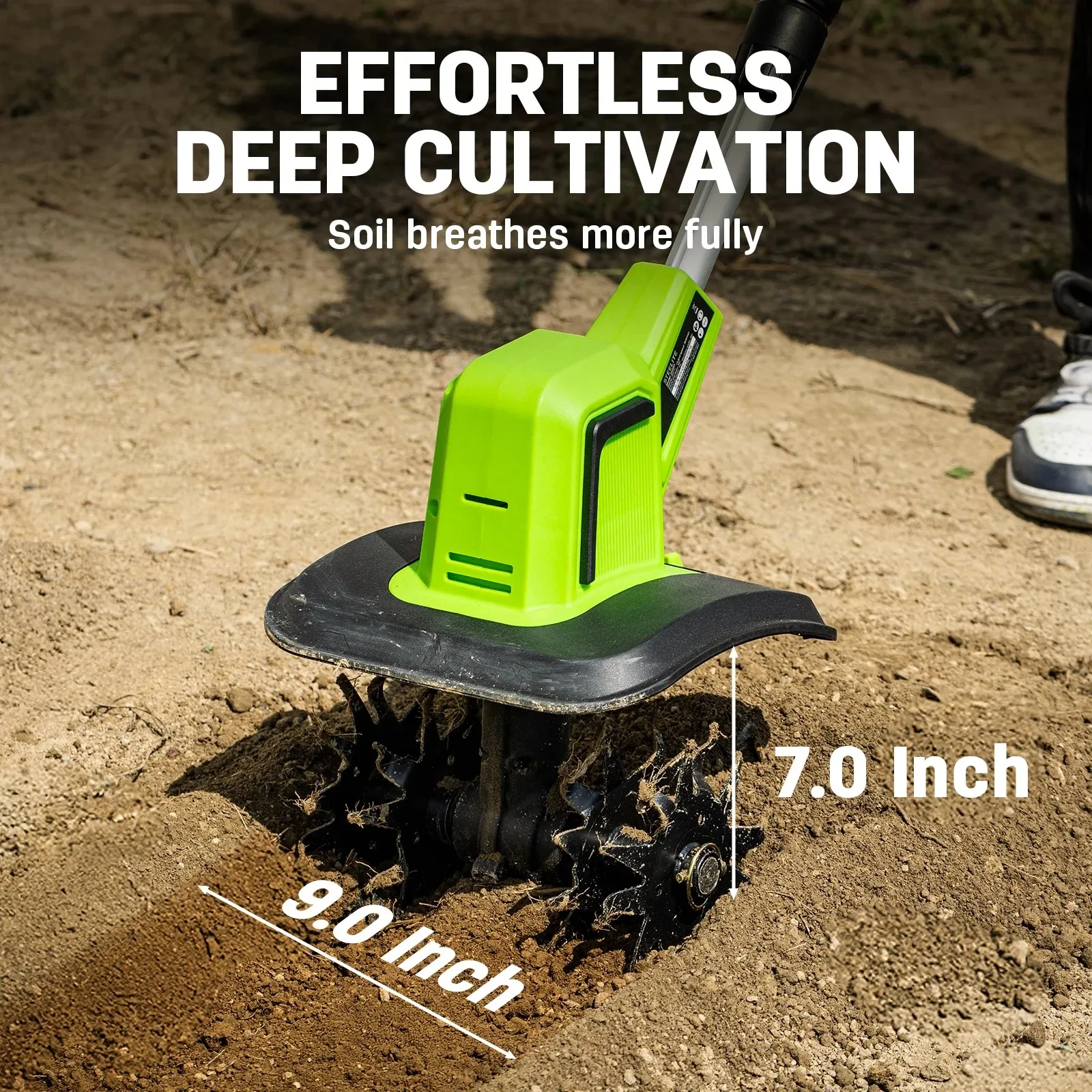 Deli 9 Inch Cordless Garden Tiller 21V Battery Powered Cultivator 360RPM Lightweight with 2 2.0Ah Batteries Charger