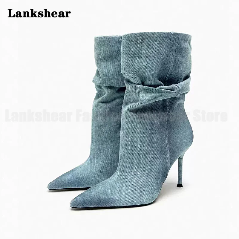 

Blue Denim Boots Women's Fall Western Boot Pointed Toe High Heel Boots Black Short Leg Slip-On Pile Boots New Style