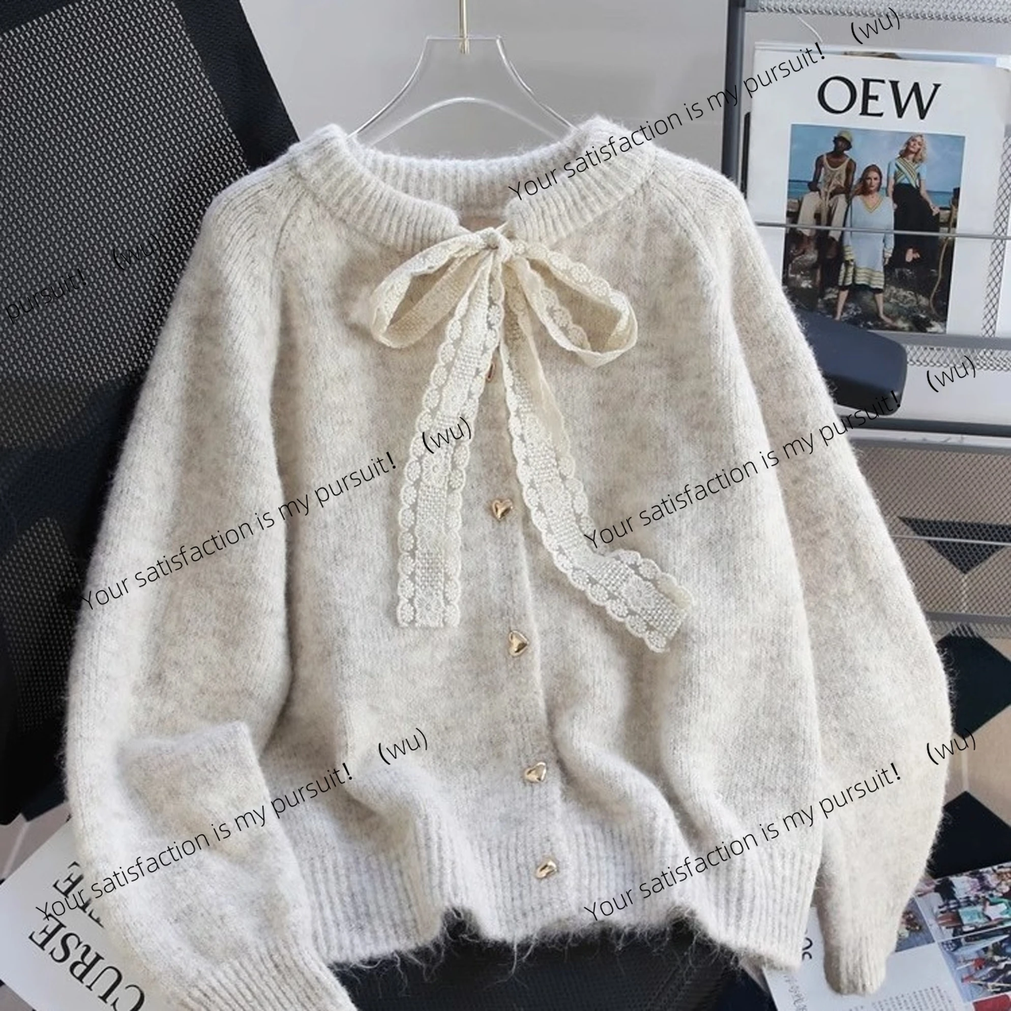 

Дизайнерский кружевной свитер на шнуровке, кардиган, женская осенне-зимняя утолщенная мягкая восковая вязаная куртка с ленивым ветром