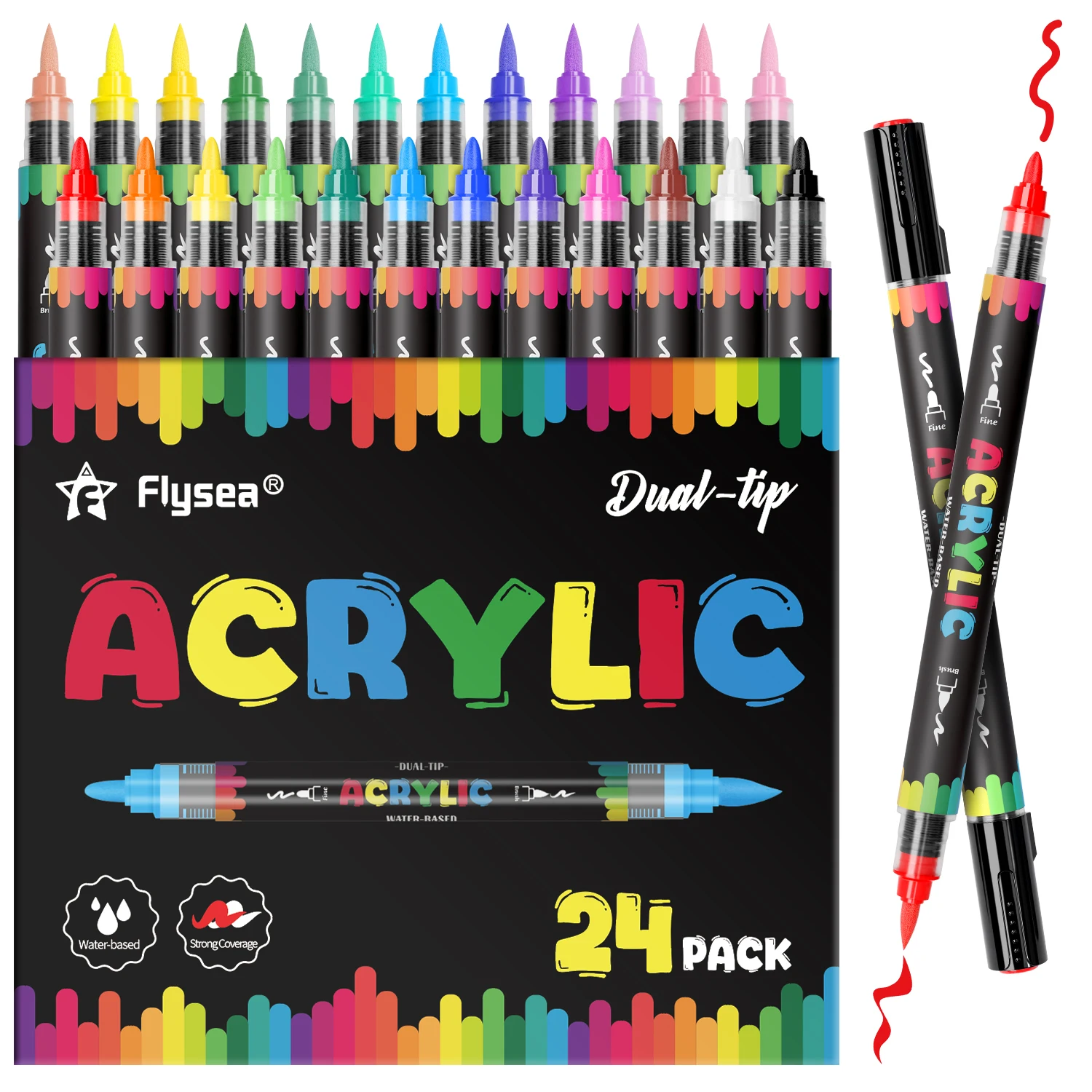 

24 Colors Acrylic Paint Markers,Automatic ink control Dual Tip (Brush & Fine) Water-based,Strong Covearge,Acrylic Paint Markers