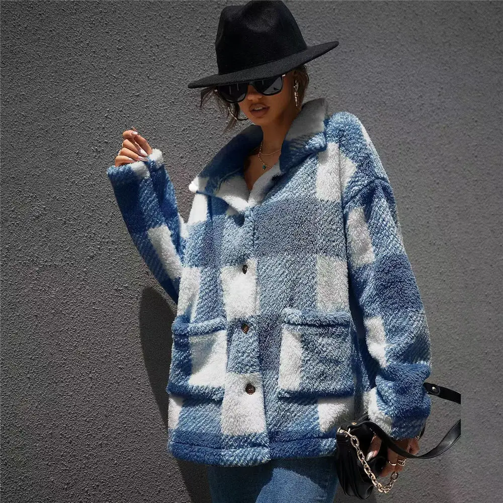 Winter Vintage Fleece Sweater Lapel Cardigan Patch Pocket Sherpa Fuzzy Button Jacket Teddy Fluffy Checkerboard Warm Tops