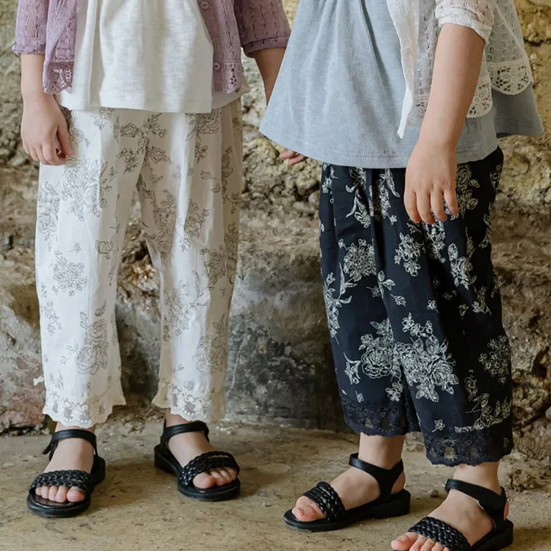 

2024 Summer Girls and Children's Flower Cotton Thin Vintage Lace Pants Mosquito Proof Pants