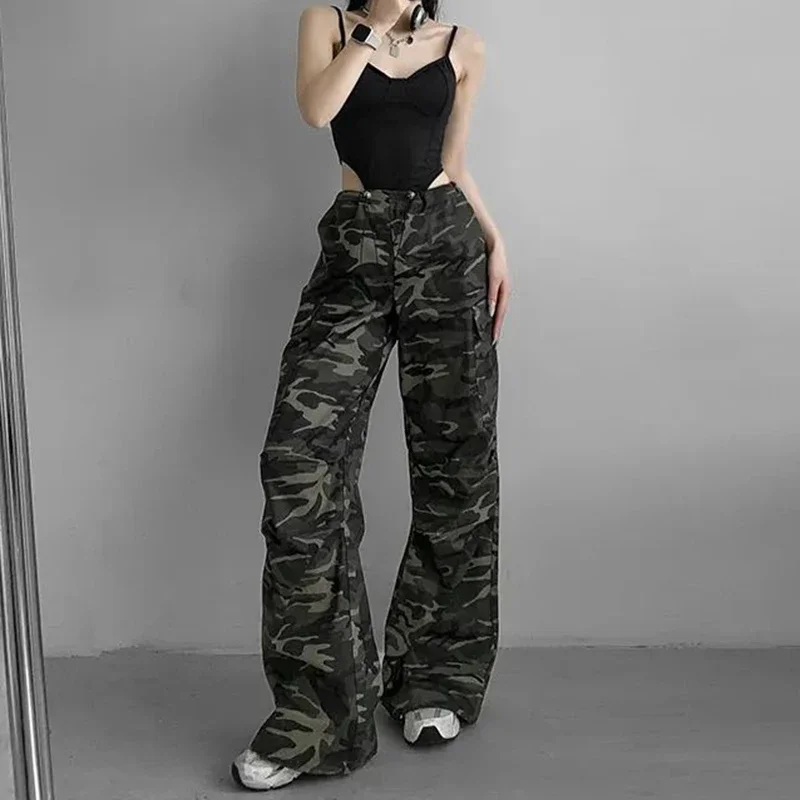 Pantalones vaqueros de pierna ancha con cordón para niña, pantalones vaqueros de camuflaje de calle alta para mujer, pantalones Cargo, pantalones vaqueros finos holgados para mujer 2025