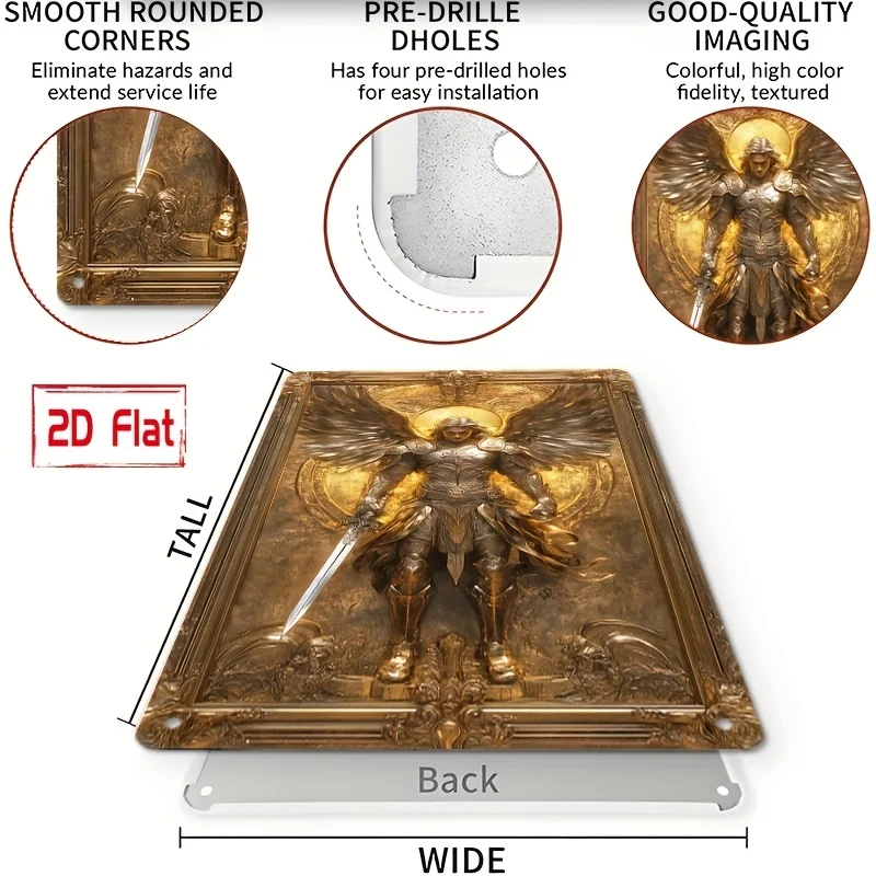 2D flat metal sign featuring the golden wings of the Archangel Michael, vintage art decorative poster, pre-drilled for easy hanging, suitable for home, garage, club, restaurant wall decoration, outdoor sign, no electricity required view 2