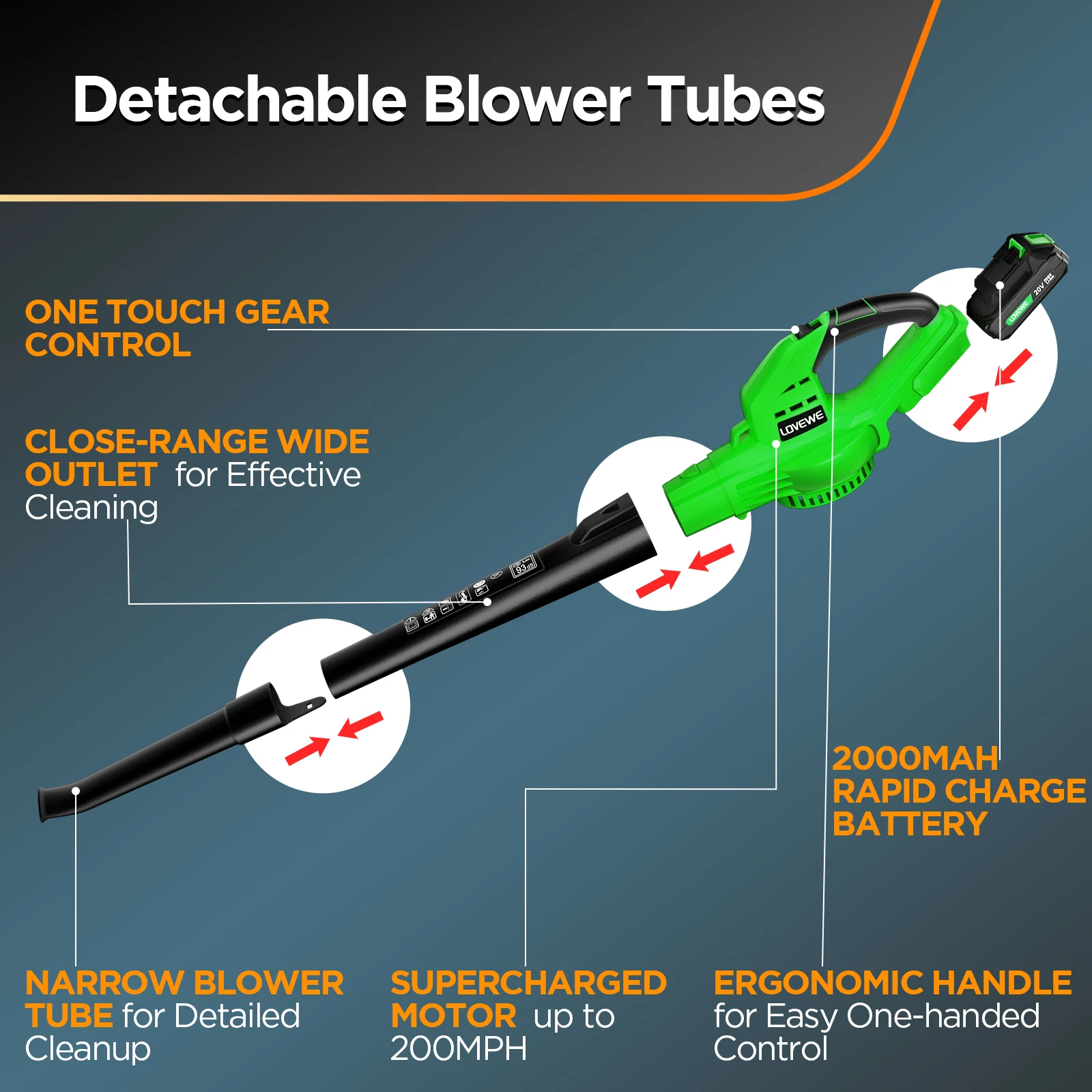 Soplador de hojas inalámbrico, sopladores de hojas eléctricos de mano de 150MPH con batería de 2.0Ah y cargador rápido, modo de 2 velocidades, alimentado por batería de 20V