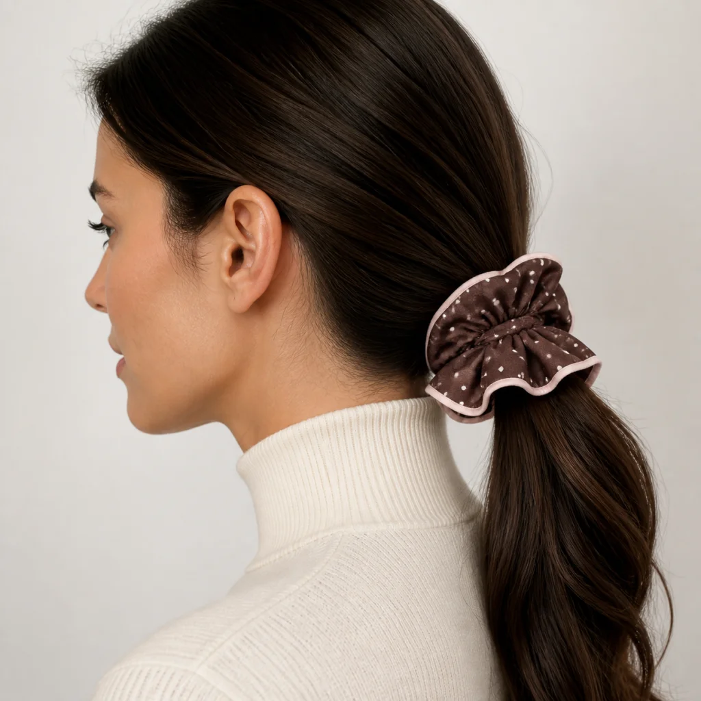 Chocolate Blush Polka Dot Piped Single-Layer Scrunchie Handmade Hair Tie for Women