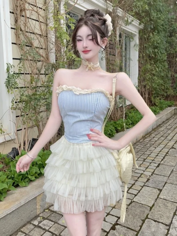 

Sweet Design Sense Two-Piece Set Dress Summer New Style Strapless Vest Top Fluffy Short Skirt Women's Fashion Set High Waist