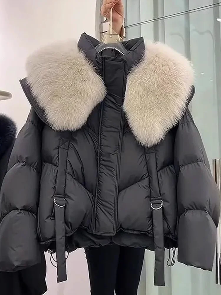 

Ele Bla Thiened Хлопковая куртка для женщин, зима 2023, новинка Sle Rich Girl, пальто с большим меховым воротником, длинное свечо, свободная посадка