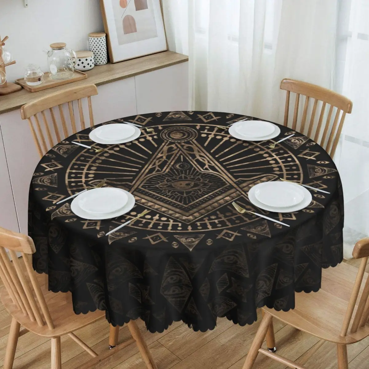 

Round Waterproof Freemasonry Symbol Table Cover Mason Tablecloth for Picnic 60 inch Table Cloth