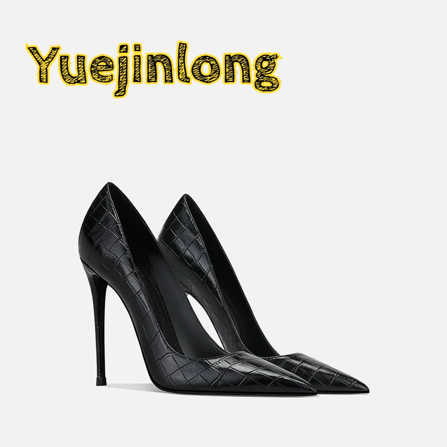 Yuejinlong 2026 Spring New Crocodile Grain Black Pointed Toe High Heels Elegant Sexy Non Tiring Single Shoes Women