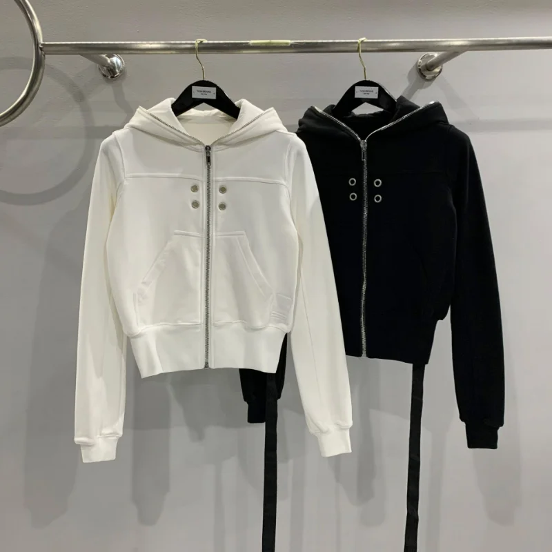 

Women Hooded Short Sweatshirt Cotton Cropped Jacket Coats Eyelet Decoration Perforated Long Sleeve Autumn Black Street Fashion