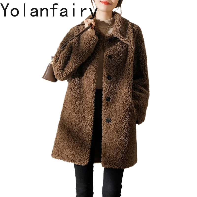 YOLANFAIRY 100% Wool Real Fur Coat Women Upscale Lamb Womens Clothes Shearing Natural Coats Mid-length Simple Winter Jacket
