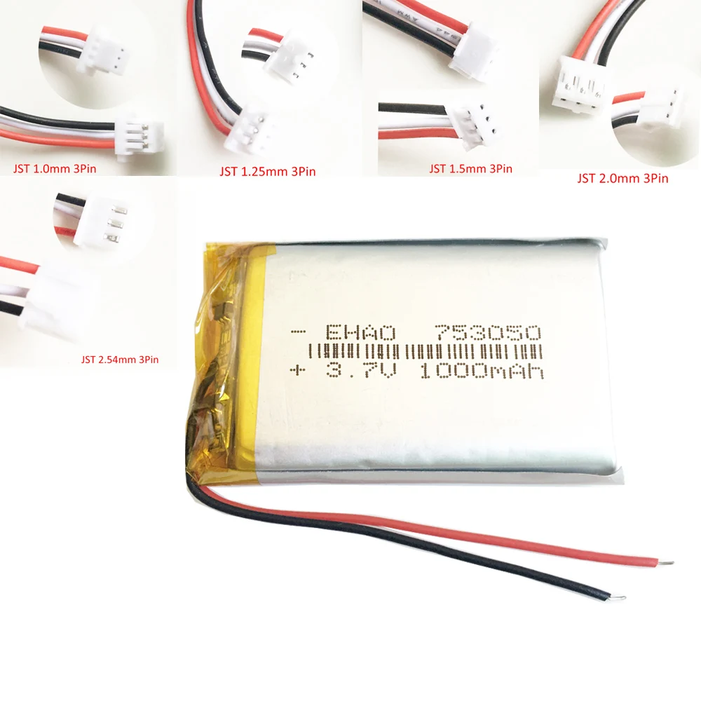 3.7V 1000mAh LiPo Rechargeable Battery 753050 + JST 3Pin Plug For Mp3 DVD PAD Mobile phone Tablet PC Power Bank Massager