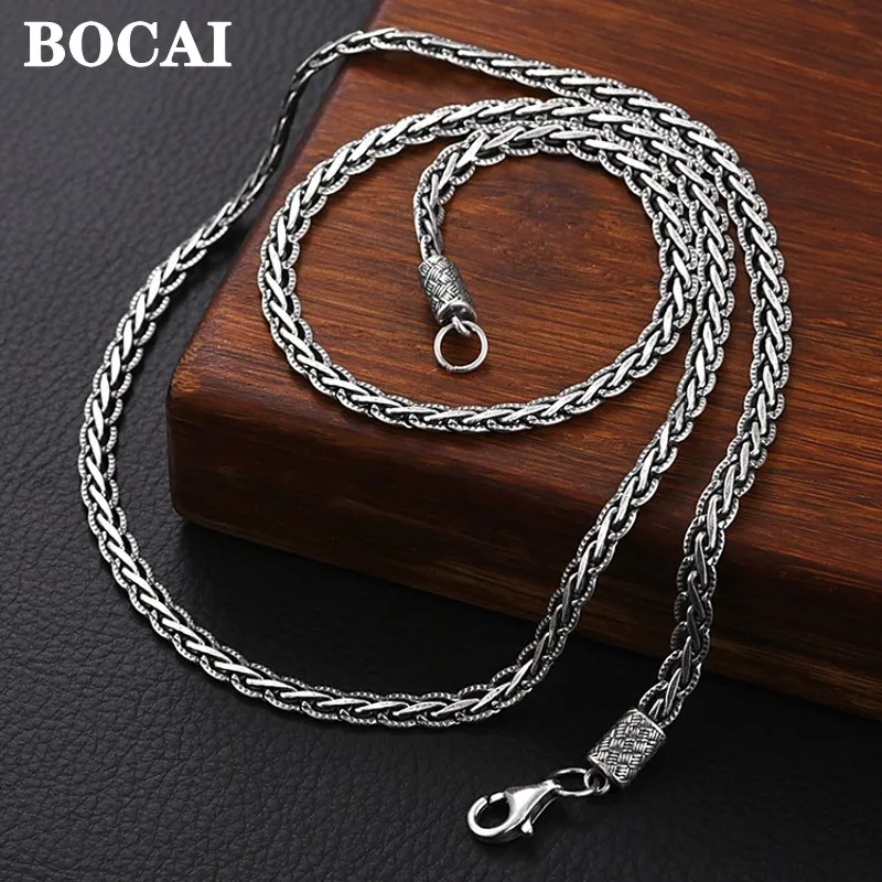 BOCAI 4MM Fried Dough Twists Woven Keel Chain Men's Necklace Simple and Advanced S925 Silver Jewelry Wholesale