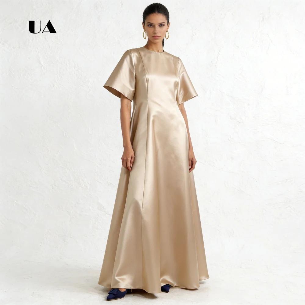 

ULBYANRY Satin A-line Prom Dress with Wide Three-quarter Sleeve, Solid O-neck Draped Evening, Dress Simple Customized Party Gown