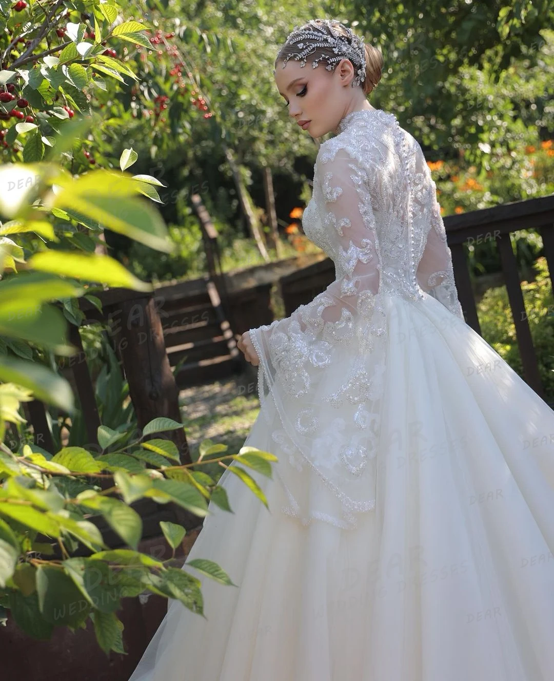 Lussuosi abiti da sposa principessa Appliques Sexy da donna abiti da sposa Illusion manica lunga elegante collo alto Vestidos De Noche