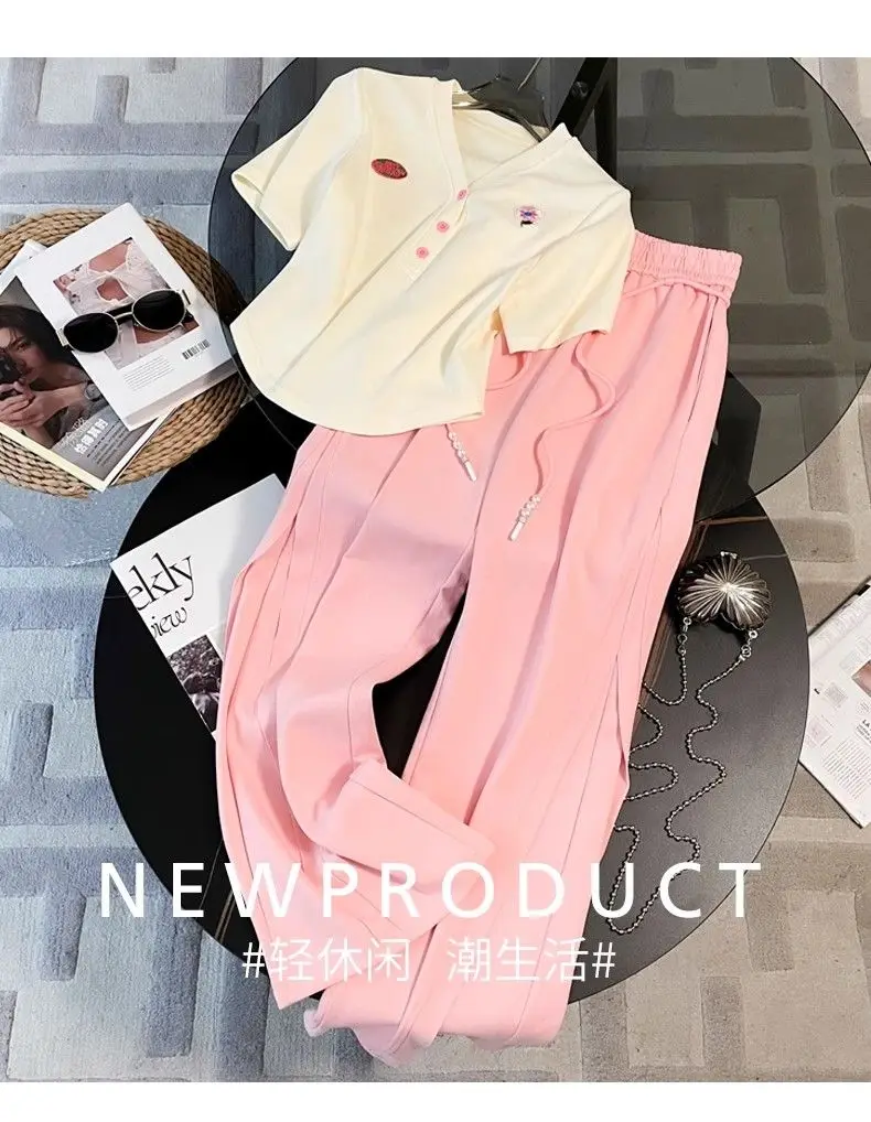 Fashion Casual Sports Suit Women\'s Spring and Summer New Style Stylish Short Sleeved Top Pink Wide Leg Pants Two-piece Set