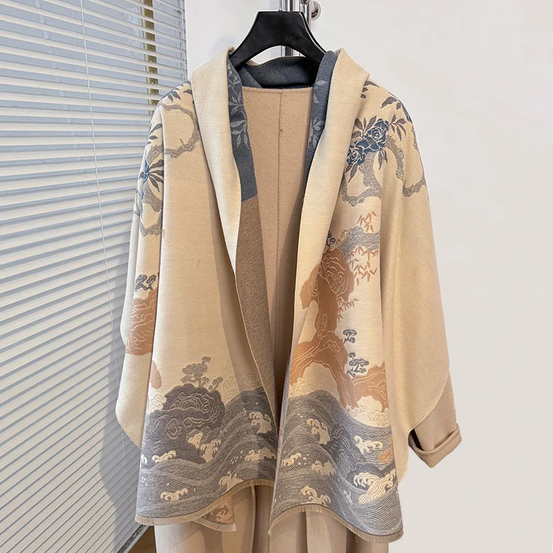 NEW Chinese Style Landscape Painting Two-Sided Thickened Pashmina Scarf Cashmere Short Beard Shawl Winter Keep Warm Female Scar