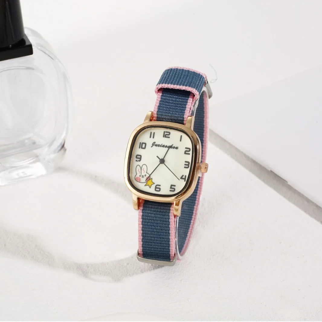 

Ретро простой квадратный ремешок для часов с кроликом, цветные блокированные студенческие детские часы, милый звездный узор, циферблат, подарок